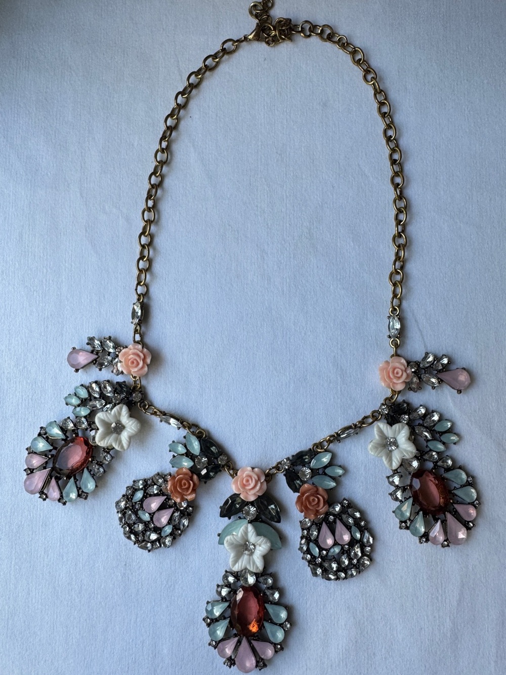 Vtg Bib Large Rhinestone Floral Statement Necklace Pastel Multi Color Goldtone